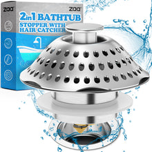 Load image into Gallery viewer, zaa Bathtub Drain Hair Catcher, 2in1 Bathtub Stopper & Drain Strainer, Pop-up Bathtub Drain Plug Anti-Clogged Tub Stopper Cover with Detachable Filter, 304 Stainless Steel & Brass for 1.46-2" W Hole