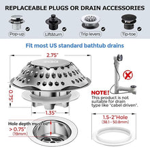 Load image into Gallery viewer, zaa Bathtub Drain Stopper, Upgraded 2in1 Tub Stopper Bathtub Drain Cover and Hair Catcher, Pop Up Bathtub Drain Plug, Replaces Lift & Turn, Tip-Toe or Trip Lever, for 1.46-2" W Drain Hole, Silver