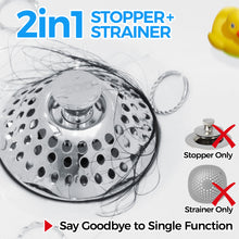 Load image into Gallery viewer, zaa Bathtub Drain Hair Catcher, 2in1 Bathtub Stopper & Drain Strainer, Pop-up Bathtub Drain Plug Anti-Clogged Tub Stopper Cover with Detachable Filter, 304 Stainless Steel & Brass for 1.46-2" W Hole