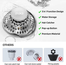 Load image into Gallery viewer, zaa Bathtub Drain Stopper, Upgraded 2in1 Tub Stopper Bathtub Drain Cover and Hair Catcher, Pop Up Bathtub Drain Plug, Replaces Lift & Turn, Tip-Toe or Trip Lever, for 1.46-2" W Drain Hole, Silver