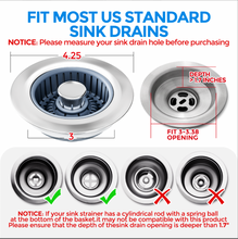 Load image into Gallery viewer, zaa Upgraded 3in1 Kitchen Sink Drain Strainer and Sink Stopper, Stainless Steel Kitchen Drain Plug & Cover with Anti-Clogging Basket Strainer, Fit US Standard 3-1/2'' Sink Drain Hole, Silver