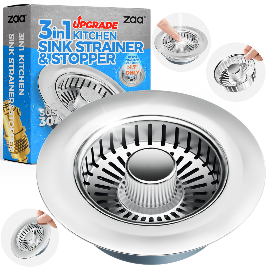 zaa Upgraded 3in1 Kitchen Sink Drain Strainer & Sink Stopper, 304 Stainless Steel Sink Drain Basket & Sink Protector for Kitchen with Anti-Clog Filter, Fit US Standard 3-1/2'' Sink Drain Hole, Silver