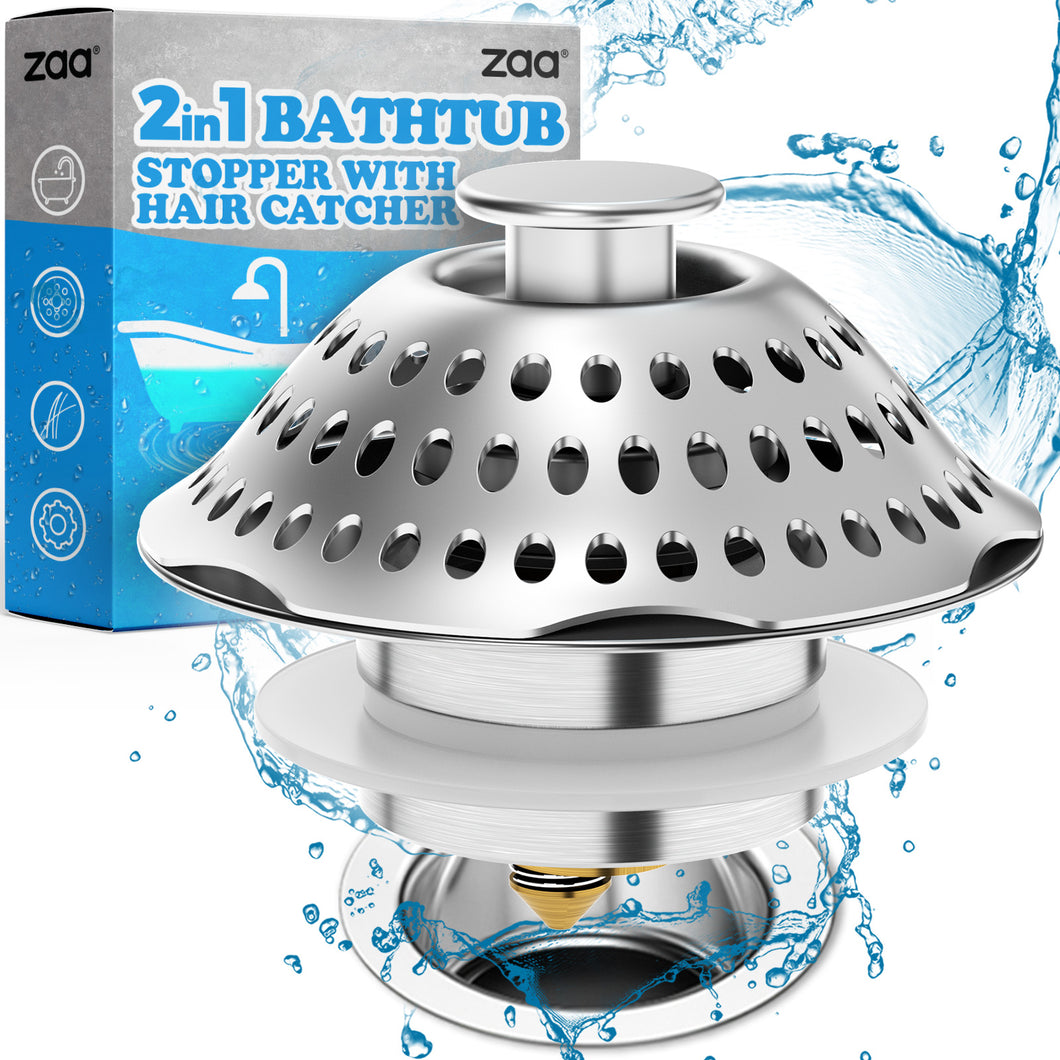 zaa Bathtub Drain Hair Catcher, 2in1 Bathtub Stopper & Drain Strainer, Pop-up Bathtub Drain Plug Anti-Clogged Tub Stopper Cover with Detachable Filter, 304 Stainless Steel & Brass for 1.46-2