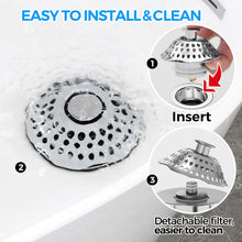 Load image into Gallery viewer, zaa Bathtub Drain Hair Catcher, 2in1 Bathtub Stopper &amp; Drain Strainer, Pop-up Bathtub Drain Plug Anti-Clogged Tub Stopper Cover with Detachable Filter, 304 Stainless Steel &amp; Brass for 1.46-2&quot; W Hole
