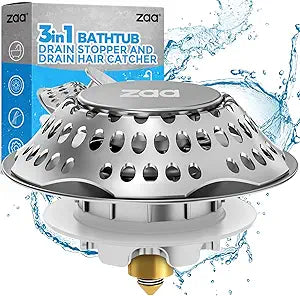 zaa Bathtub Drain Stopper, Upgraded 2in1 Tub Stopper Bathtub Drain Cover and Hair Catcher, Pop Up Bathtub Drain Plug, Replaces Lift & Turn, Tip-Toe or Trip Lever, for 1.46-2